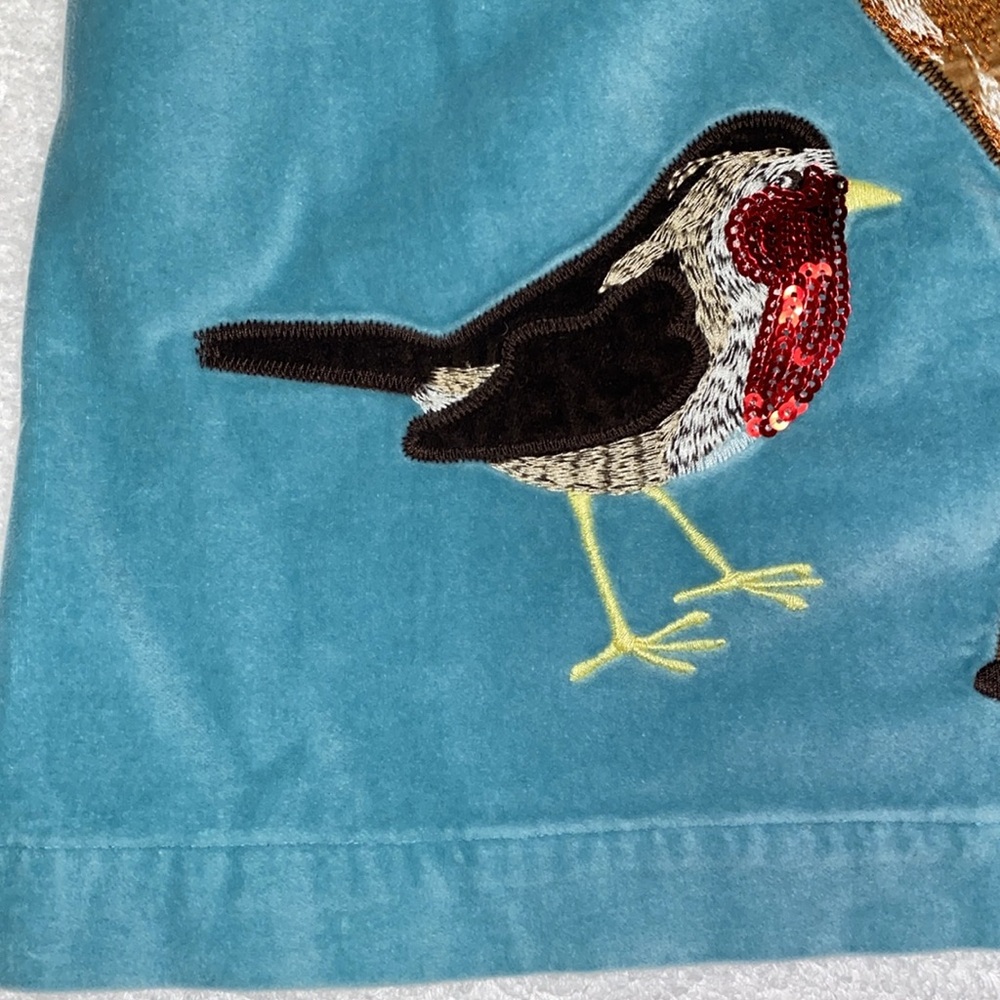 Mini Boden aqua velour embroidered sequin deer and bird jumper 5/6 - Picture 3 of 9